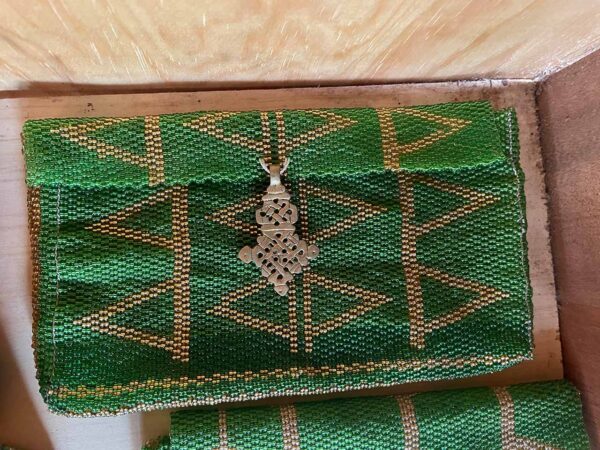 Green and Gold clutch bag with Ethiopian cross