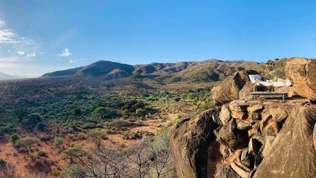 Situated on the foothills of Mount Kenya on a saddle back rocky Kopje looking north east to the desert country.